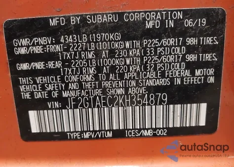 2019 Subaru Crosstrek 2.0I Premium from USA, damaged, VIN JF2GTAEC2KH354879